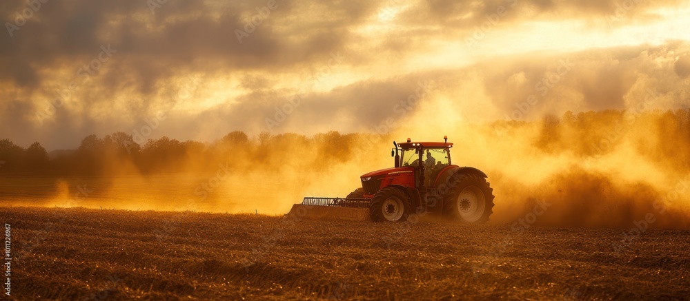 Red tractor working in a field at sunset, kicking up dust. Red tractor working in a field at sunset, kicking up dust.