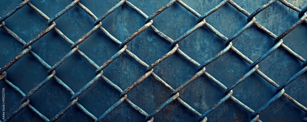 Fototapeta premium Rusty Chain Link Fence, Closeup, Abstract, Blue, Texture, Chain Link, Fence
