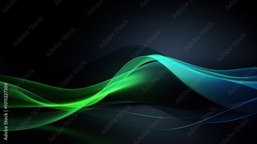 Fototapeta premium Abstract Green and Blue Light Waves on Black Background