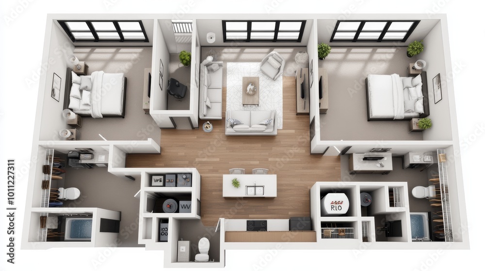Top View Apartment Floor Plan with Two Bedrooms, Living Room, Kitchen and Bathroom, 3D Rendering, apartment floor plan, 2 bedroom apartment, 3d model Top View Apartment Floor Plan with Two Bedrooms, Living Room, Kitchen and Bathroom, 3D Rendering, apartment floor plan, 2 bedroom apartment, 3d model