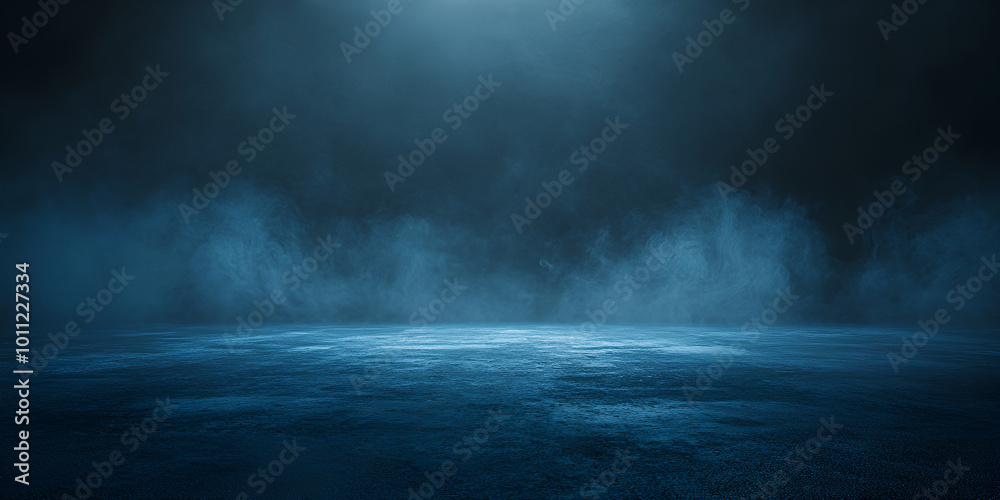 Mysterious blue fog over dark surface with bright light above, creating a moody and atmospheric scene. Mysterious blue fog over dark surface with bright light above, creating a moody and atmospheric scene.