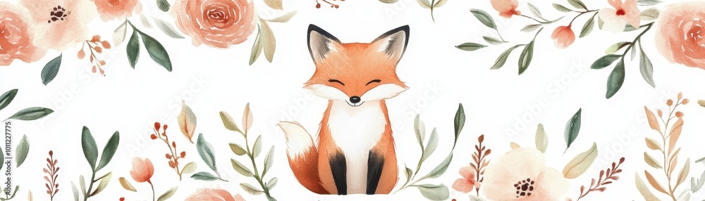 Obraz premium Watercolor Fox in a Floral Frame, Watercolor Illustration, Woodland Animal, Fox, Watercolor