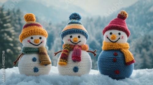 3 knitted snowmen with bright hats, scarves, and gloves stand in misty mountain spruce forest. photo