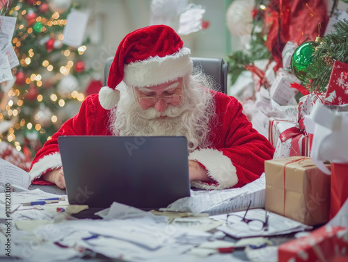 Santa Claus working on laptop surrounded by holiday decorations, presents, and festive papers creates cheerful and busy atmosphere