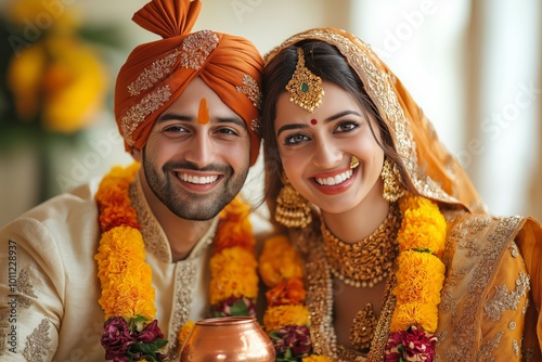 Indian Bride and Groom Adorned with Flower Garlands During a Sacred Wedding Ritual photo