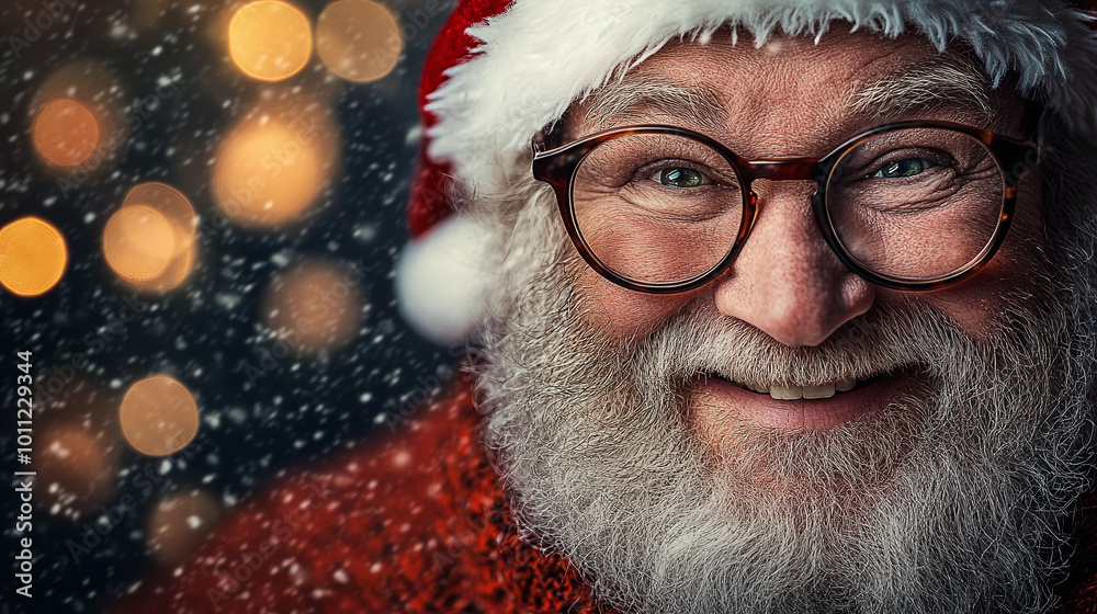 smiling Santa Claus wearing glasses and a beard, with a dark, blurred background and Christmas lights in the background