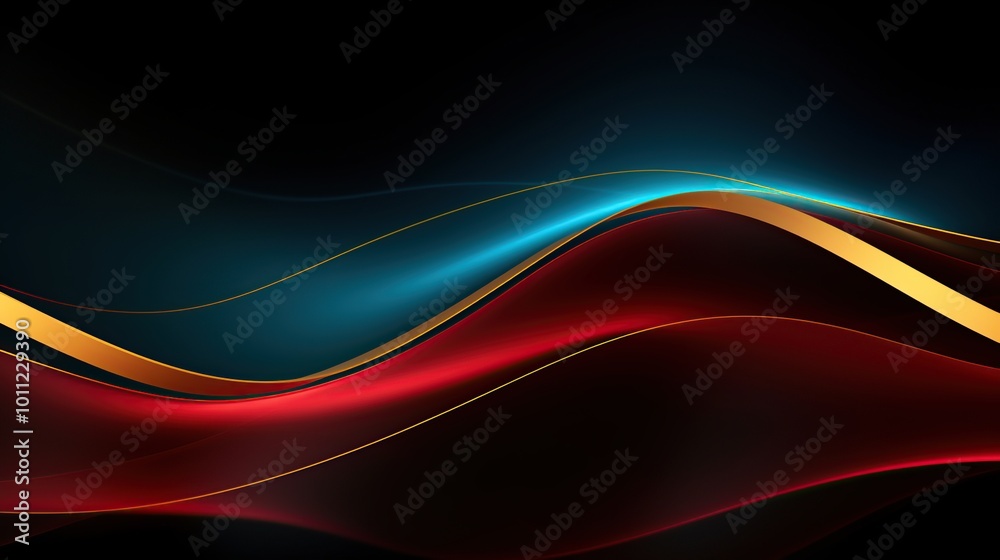 Fototapeta premium Abstract Background with Red, Blue and Gold Wavy Lines on Black Background