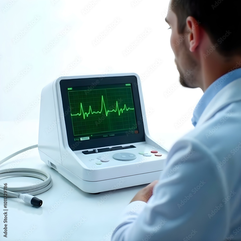 Futuristic ECG Machine with Digital Touchscreen and Cables, Observed by Doctor in White Coat - Medical Diagnostics Equipment Futuristic ECG Machine with Digital Touchscreen and Cables, Observed by Doctor in White Coat - Medical Diagnostics Equipment