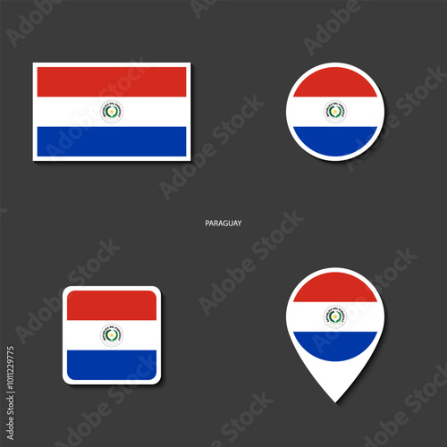 Paraguay flag icon set in different shape (rectangle, circle, square and marker icon) on dark grey background. Paraguay sticker icon collection on barely dark background.