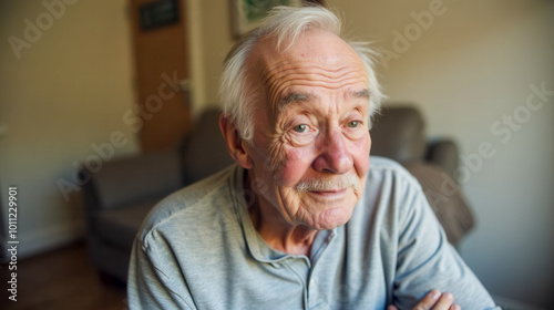 Elderly man with cognitive decline sitting alone in room, looking confused and lost, wearing casual clothes, showing signs of memory loss, feeling isolated and sad