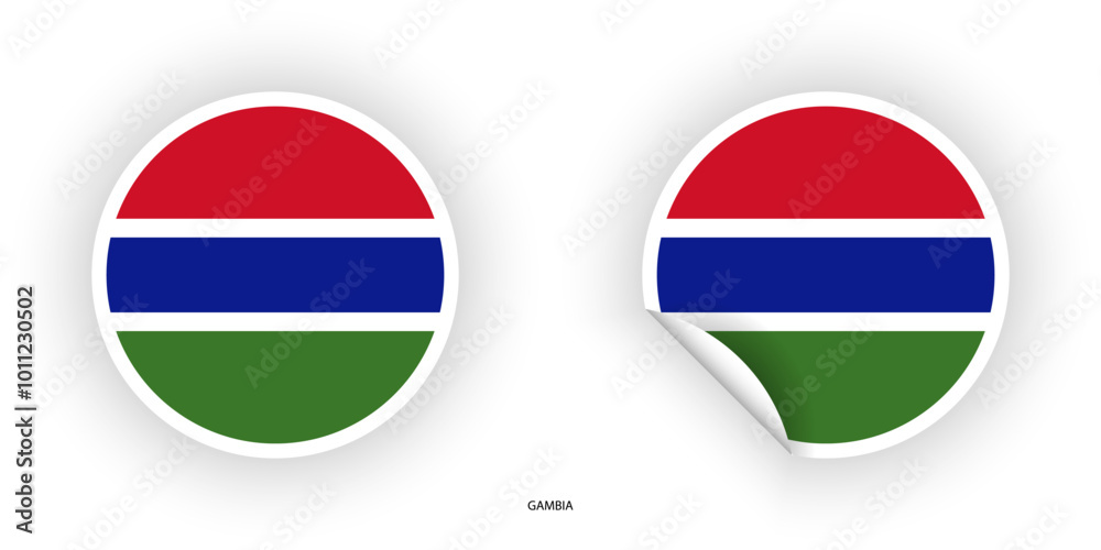 Gambia sticker flag in circle shape and circle peeled shape on white background. Gambia flag icon in circular form.
Gambia sticker flag in circle shape and circle peeled shape on white background. Gambia flag icon in circular form.