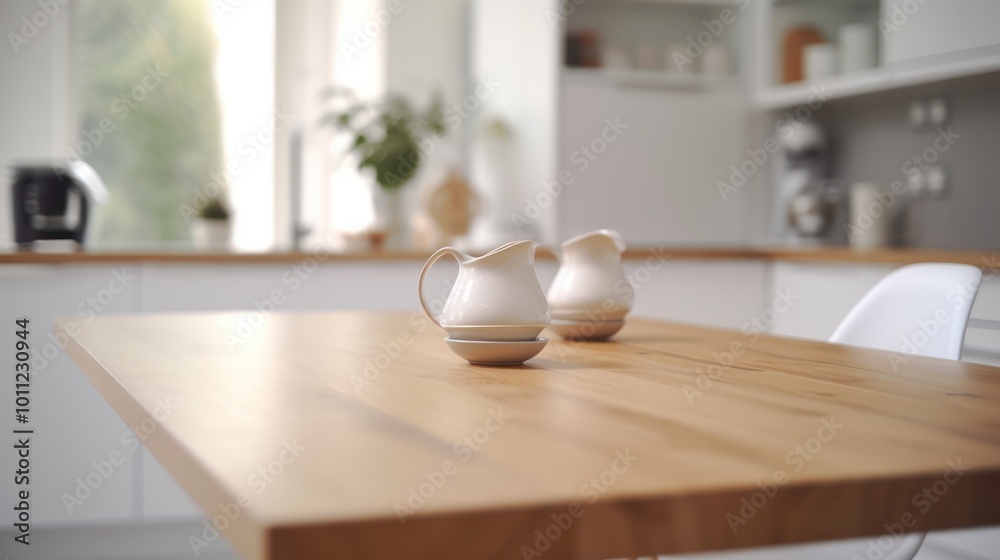 White Pitchers on Wooden Table in Kitchen White Pitchers on Wooden Table in Kitchen