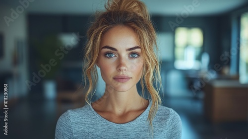 A young woman with wavy hair poses confidently in a stylish modern interior during daylight hours