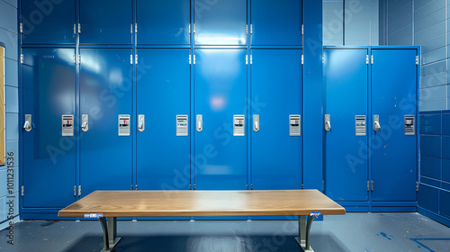 A row of blue lockers with a wooden bench in front, situated in a clean, empty school hallway. The image conveys a sense of organization, education, and secure storage.