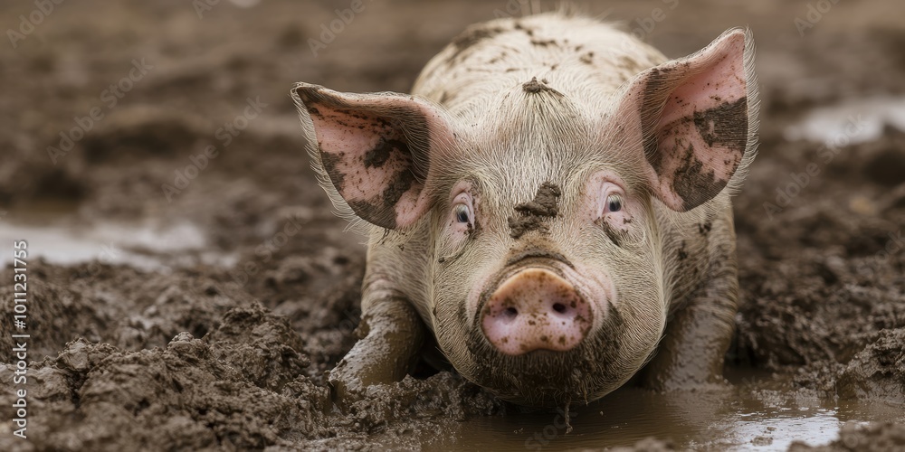 A close-up of a curious piglet enjoying a muddy environment, showcasing its playful spirit and natural habitat.