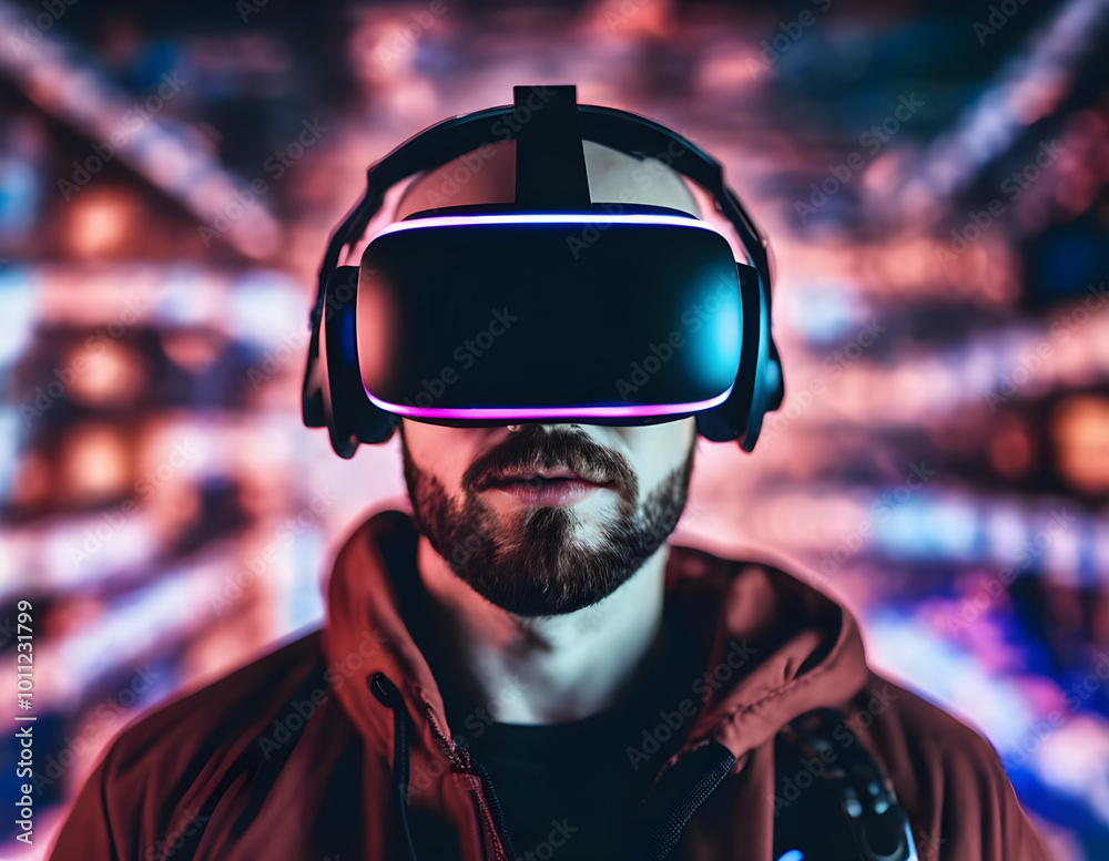 Portrait of a man in virtual reality glasses. Game, gamer, computers, technology Portrait of a man in virtual reality glasses. Game, gamer, computers, technology