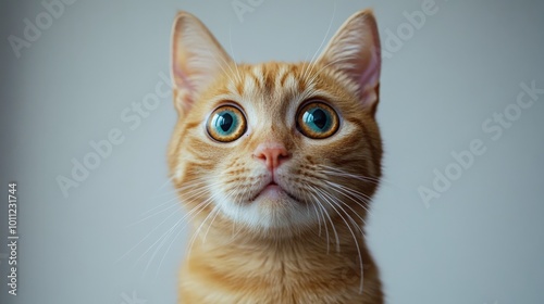 Ginger Cat with Surprised Expression and Wide Eyes Isolated on White Background