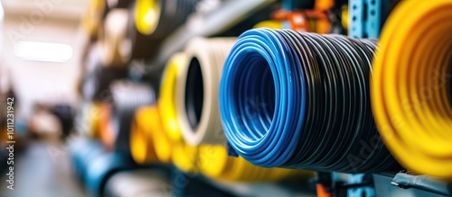 Close Up Of A Blue Hose Roll In A Hardware Store