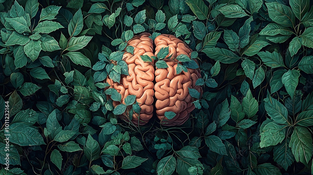 Botanical Brain Illustration Surrounded by Greenery Botanical Brain Illustration Surrounded by Greenery