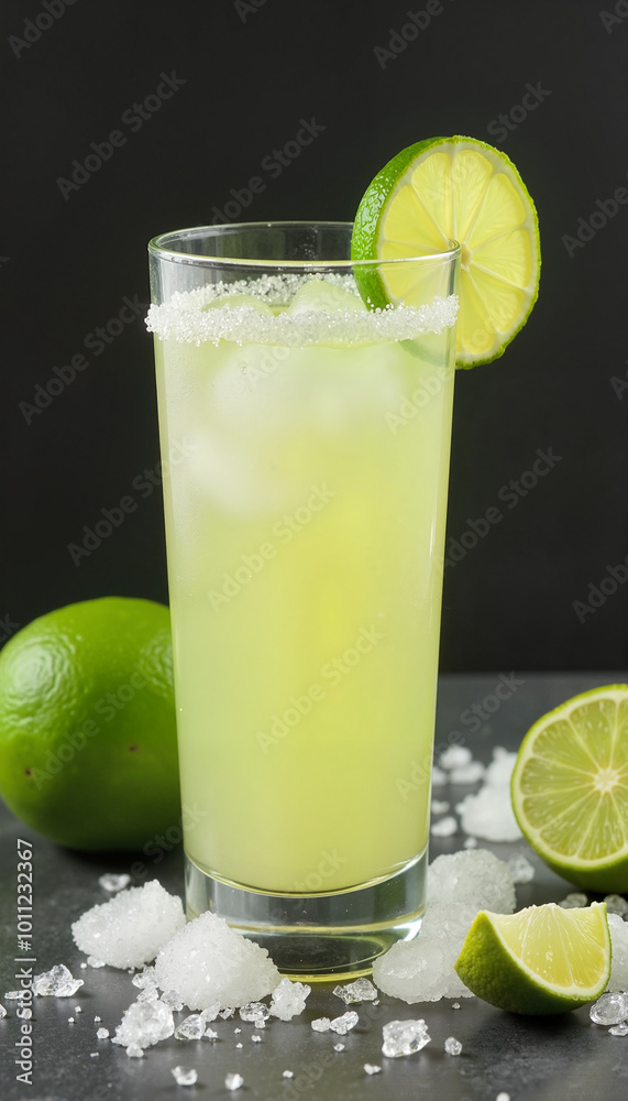 Chilled lime cocktail with ice in a glass, garnished with lime slices and salt rim
Chilled lime cocktail with ice in a glass, garnished with lime slices and salt rim