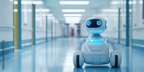 A futuristic robot standing in a hospital corridor, showcasing advanced technology and innovation in healthcare.