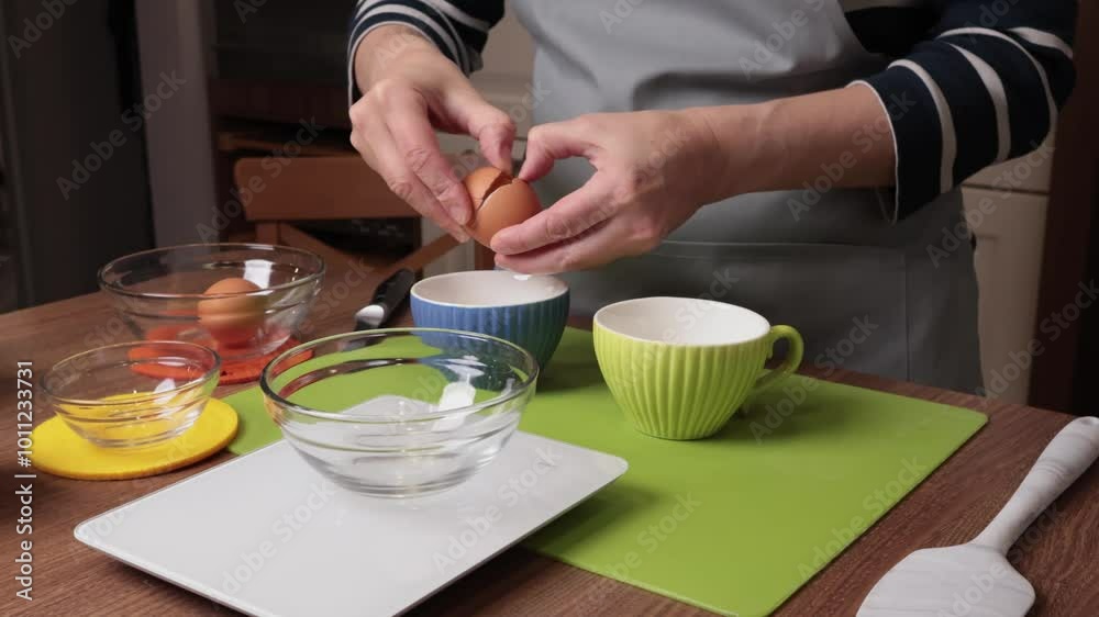 Process of making dough. Woman separates egg white from yolk in kitchen. Scales and eggs, utensils on wooden table. Baking macarons at home. Hands in close-up. Process of making dough. Woman separates egg white from yolk in kitchen. Scales and eggs, utensils on wooden table. Baking macarons at home. Hands in close-up.