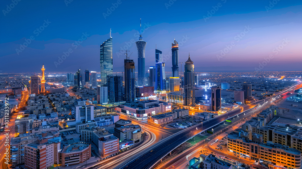 Fototapeta premium Twilight cityscape featuring illuminated skyscrapers and bustling traffic, capturing the vibrant energy of urban life as day transitions into night.