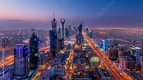  Twilight cityscape featuring illuminated skyscrapers and bustling traffic, capturing the vibrant energy of urban life as day transitions into night.