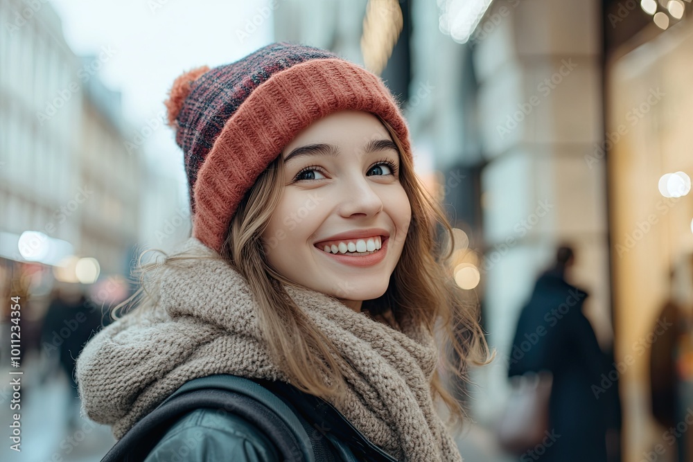 A beautiful girl smiles and is happy while shopping in stores with sales throughout the city. Concept: shopping, holidays, happiness, black Friday. A beautiful girl smiles and is happy while shopping in stores with sales throughout the city. Concept: shopping, holidays, happiness, black Friday.