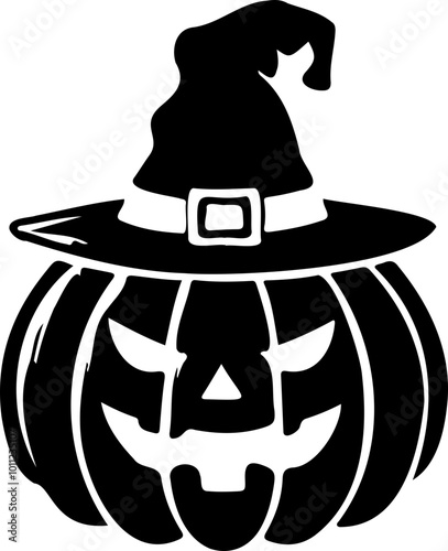 Halloween pumpkin silhouette wearing a witch hat, spooky carved pumpkin with eerie face

