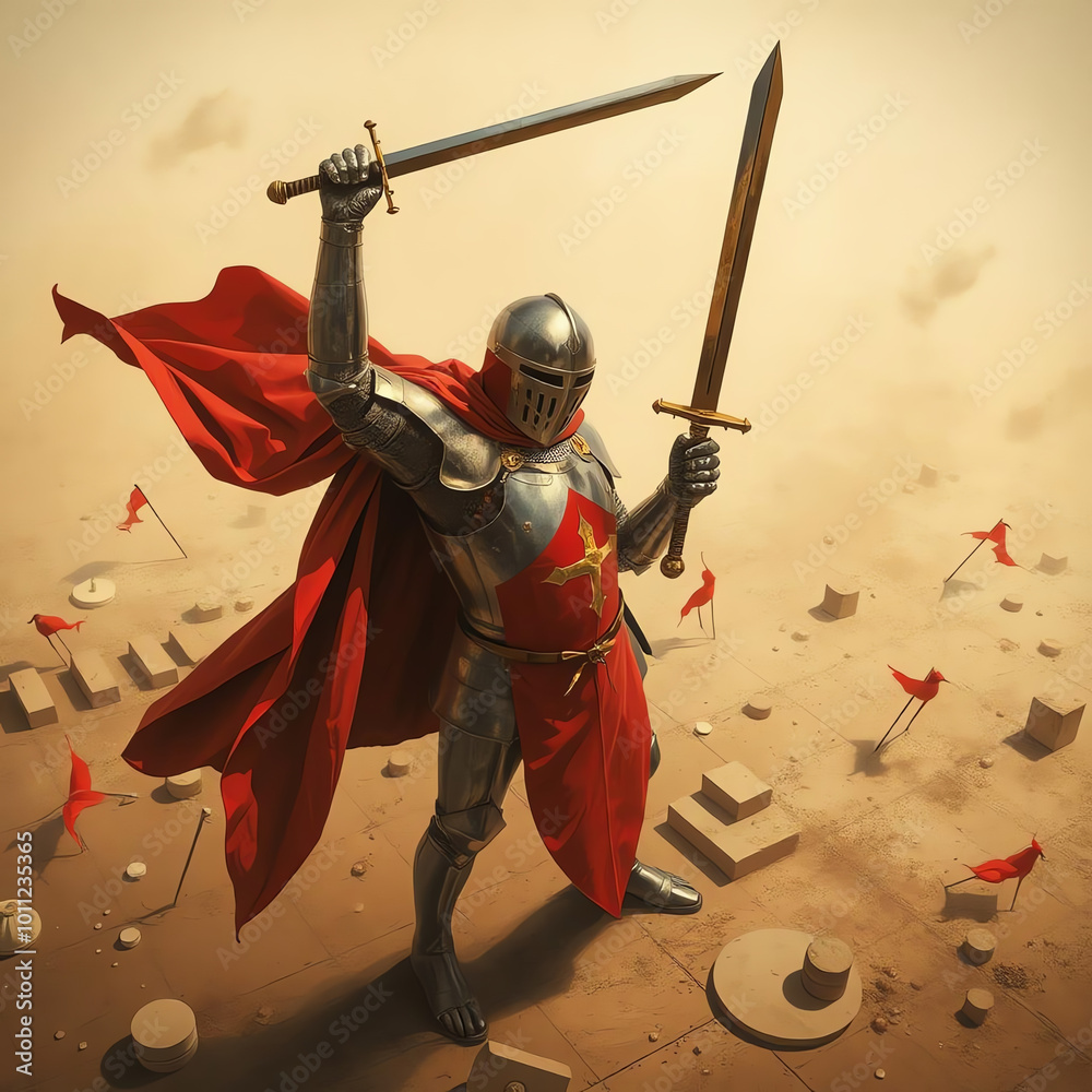 Fototapeta premium Knight in red cape with swords raised in victory.