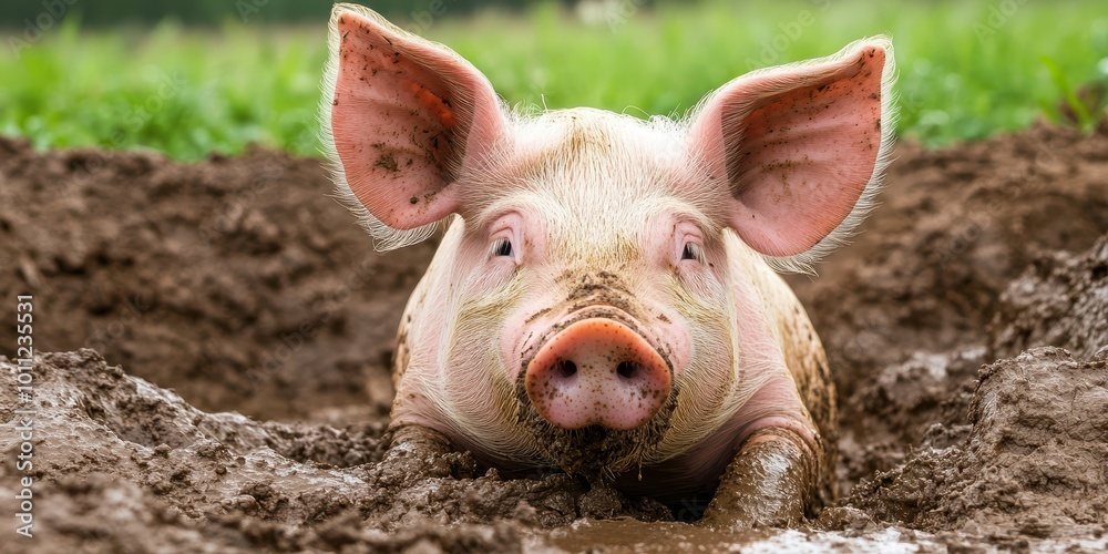 A playful piglet enjoying a muddy puddle in a lush green field, showcasing its curious nature and farm life charm. A playful piglet enjoying a muddy puddle in a lush green field, showcasing its curious nature and farm life charm.