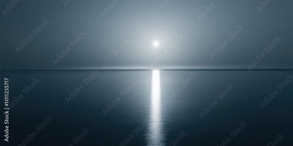 A serene and calm seascape featuring a tranquil reflection of the sun on the water, enveloped in a soft misty atmosphere. A serene and calm seascape featuring a tranquil reflection of the sun on the water, enveloped in a soft misty atmosphere.