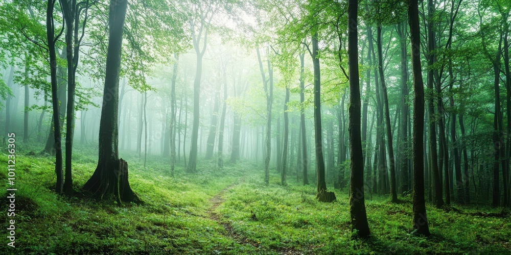 Obraz premium A serene forest scene with lush greenery and soft mist, inviting tranquility and natural beauty to every viewer.