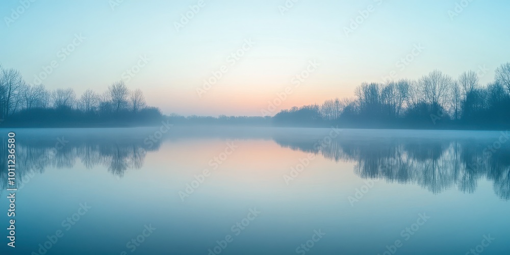 Fototapeta premium A serene landscape at dawn, showcasing calm waters reflecting the pastel colors of the sky, surrounded by misty trees.