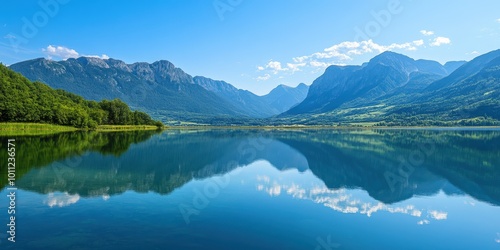 A serene lake reflecting majestic mountains under a clear blue sky, surrounded by lush greenery and tranquil natural beauty.