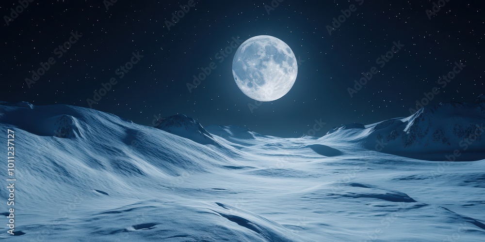 A serene night landscape with a glowing moon illuminating the snowy terrain under a starry sky. A serene night landscape with a glowing moon illuminating the snowy terrain under a starry sky.