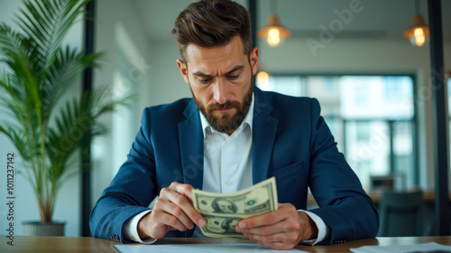 Businessman in office counting cash earnings, financial planning, investment concept, money management, corporate accountant at work, professional male executive calculating profit photo