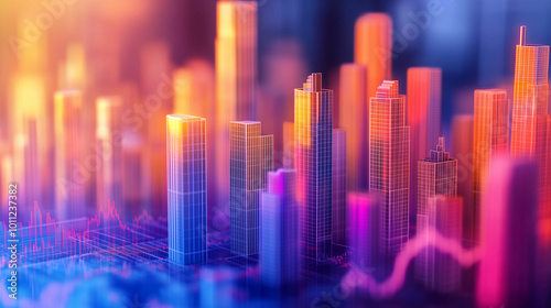 Visualization of macro-economic regulation impacting real estate market trends, represented through vibrant data streams that illustrate how economic policies and regulatory frameworks influence housi