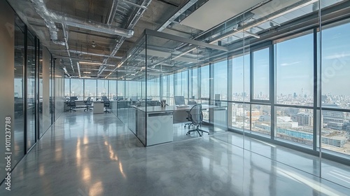 Spacious glass office with panoramic views, glass partitions, ergonomic desks, bright and airy atmosphere, industrial accents, polished floors