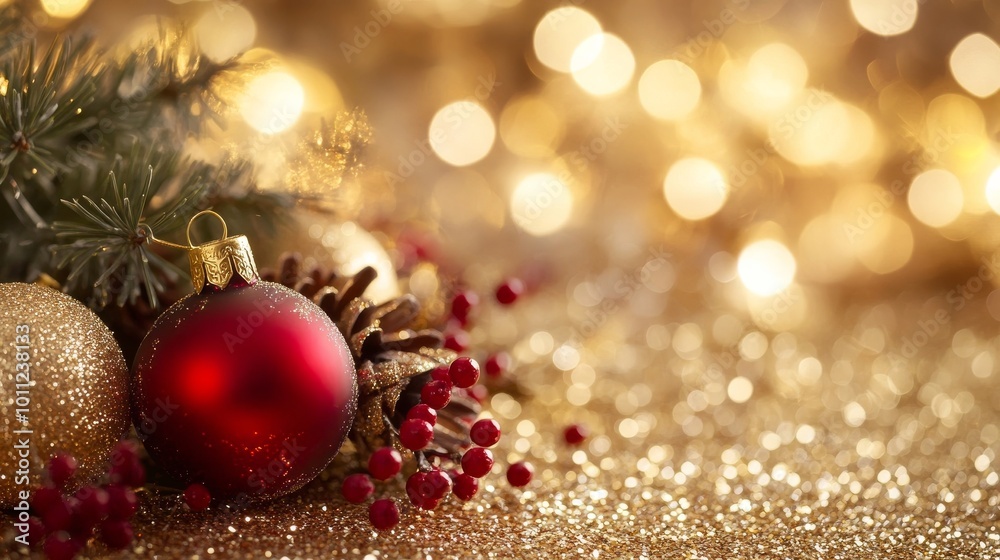 Holiday card with gold background and Christmas decor Holiday card with gold background and Christmas decor