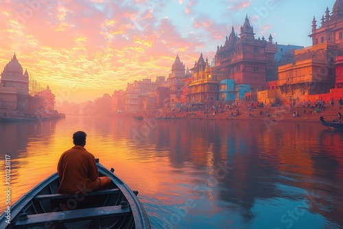 Man in a boat at sunrise on the Ganges River with the historic Varanasi ghats in view photo