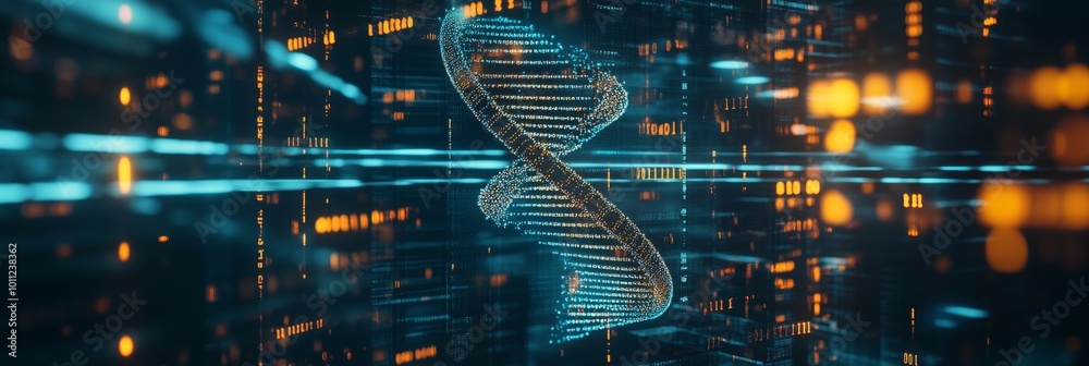 DNA helix with glowing data streams in digital environment