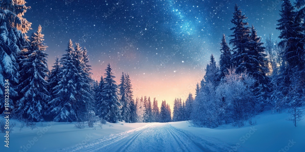 A serene winter landscape featuring a snow-covered road and majestic trees illuminated by a starry night sky.