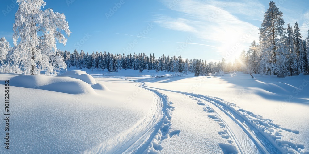 Obraz premium A serene winter landscape featuring snow-covered ground, pine trees, and a bright sun shining in a clear blue sky.