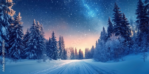 A serene winter landscape featuring a snow-covered road and majestic trees illuminated by a starry night sky.