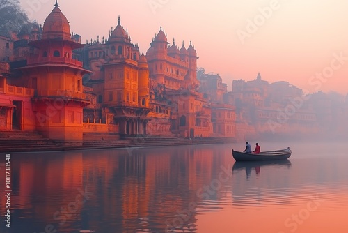 Two people in a boat on the calm Ganges River with the orange hues of Varanasi ghats