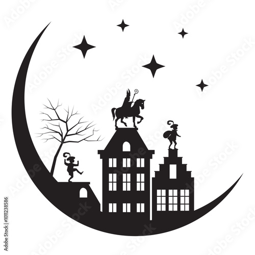 Celebration Sinterklaas Day - Saint Nicholas or Sinterklaas is coming to town at night - silhouette	
