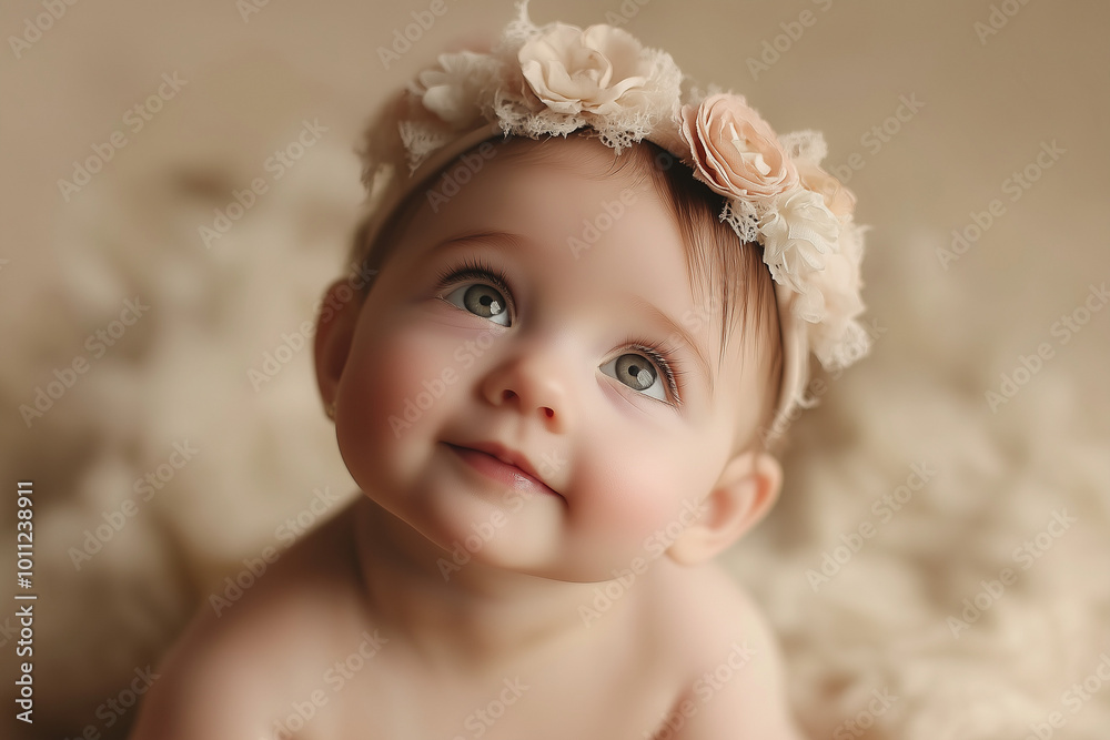 A baby girl wearing a delicate flower headband, looking up with a soft smile A baby girl wearing a delicate flower headband, looking up with a soft smile