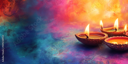 Lit diya traditional oil lamp on colorful background. Deepavali, Diwali. Hindu festival of lights. Template with copy space for greeting card, banner, poster for Indian . photo